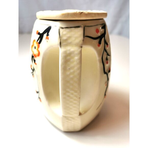 Vtg  60s Japanese Tea Caddy Jar Lidded Octagon Cream Cherry Blossom Sunburst - Picture 2 of 10